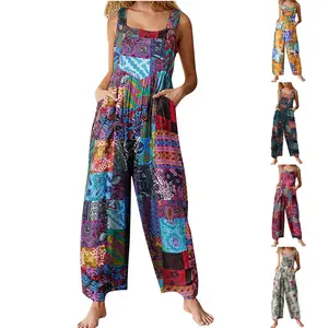 Women's Patchwork Dual Pocket Jumpsuit Loose Floral Print Bohemian Wide Leg Overall Springfresh