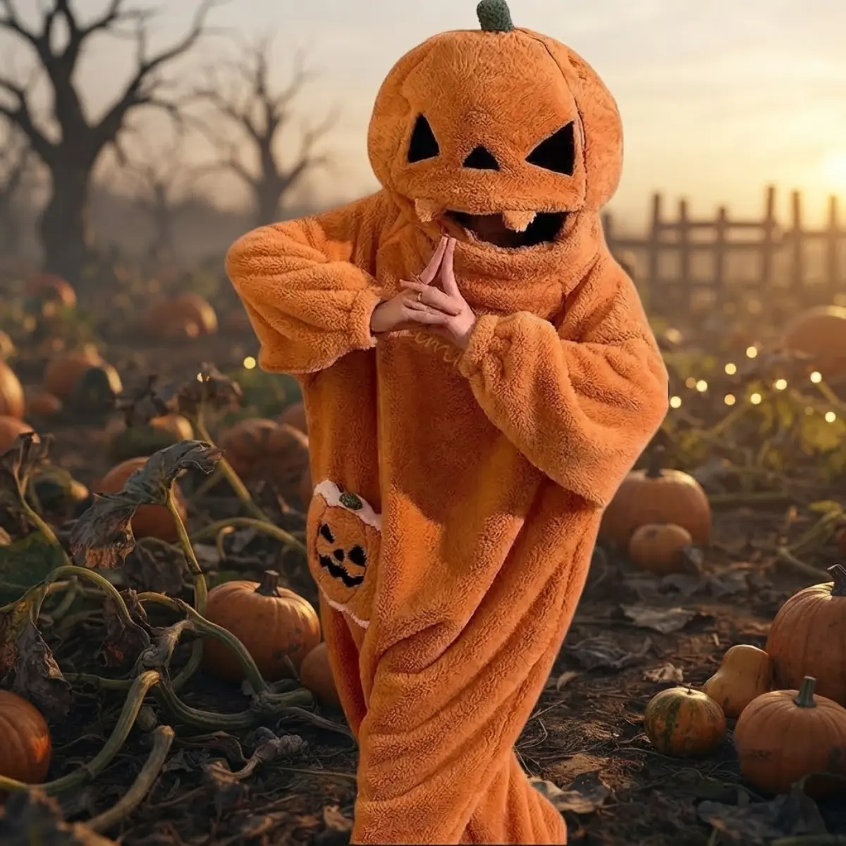 Women’s Halloween Pumpkin Onesie Costume, Cozy Fleece Hooded Pajama Jumpsuit with Zipper, Cute Cartoon Pumpkin Sleepwear Outfit, Warm Lounge Wear for Halloween Party & Trick or Treat, Loungewear, Front Zip