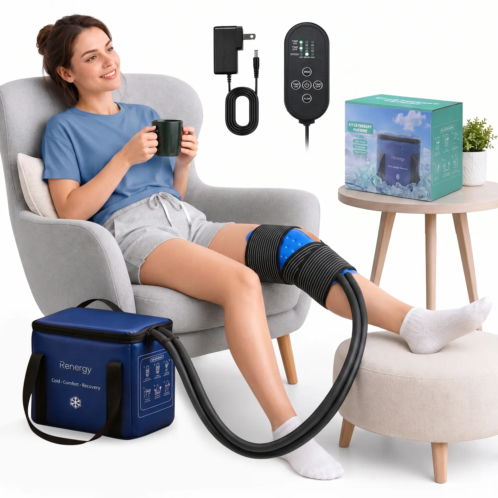 Premium Cold Therapy Machine with Program Timer, Silent Operation Pump, Large Cold Pad for Knees, Joints, Ankles, Portable Post-Surgery Swelling & Cryotherapy Pain Relief Medical Device, Machine + Pad