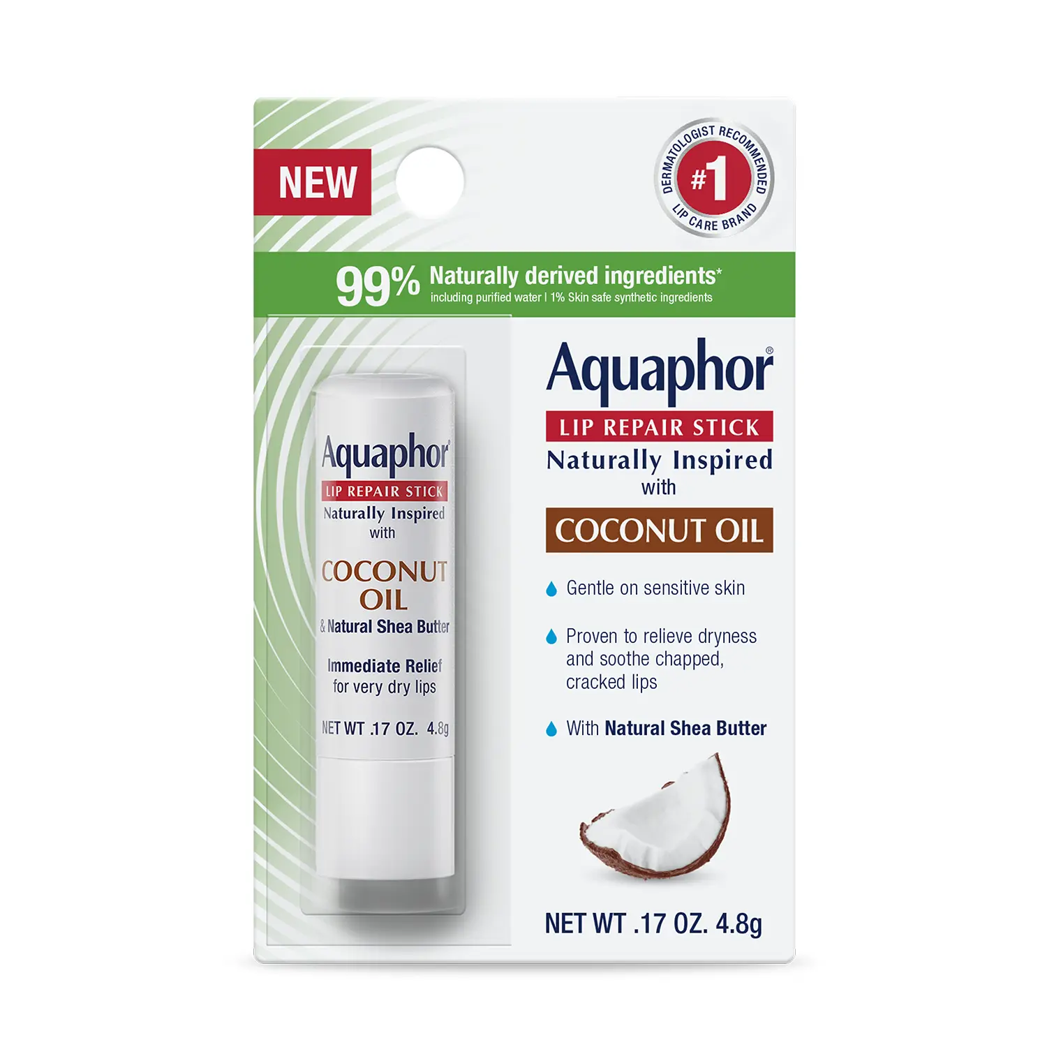 Aquaphor Lip Repair Stick Naturally Inspired Coconut 0.17oz Moisturize Smooth with 99% Naturally Derived Ingredients & Shea Butter Fragrance for Dry Lips