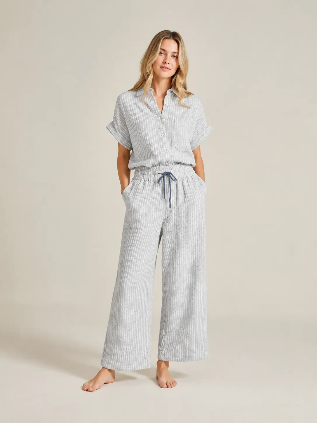 Women's 2 Piece Striped Pants Set, Short Sleeve Collared Button Front Top and Drawstring Waist Straight Leg Pants, Casual Travel Outfit