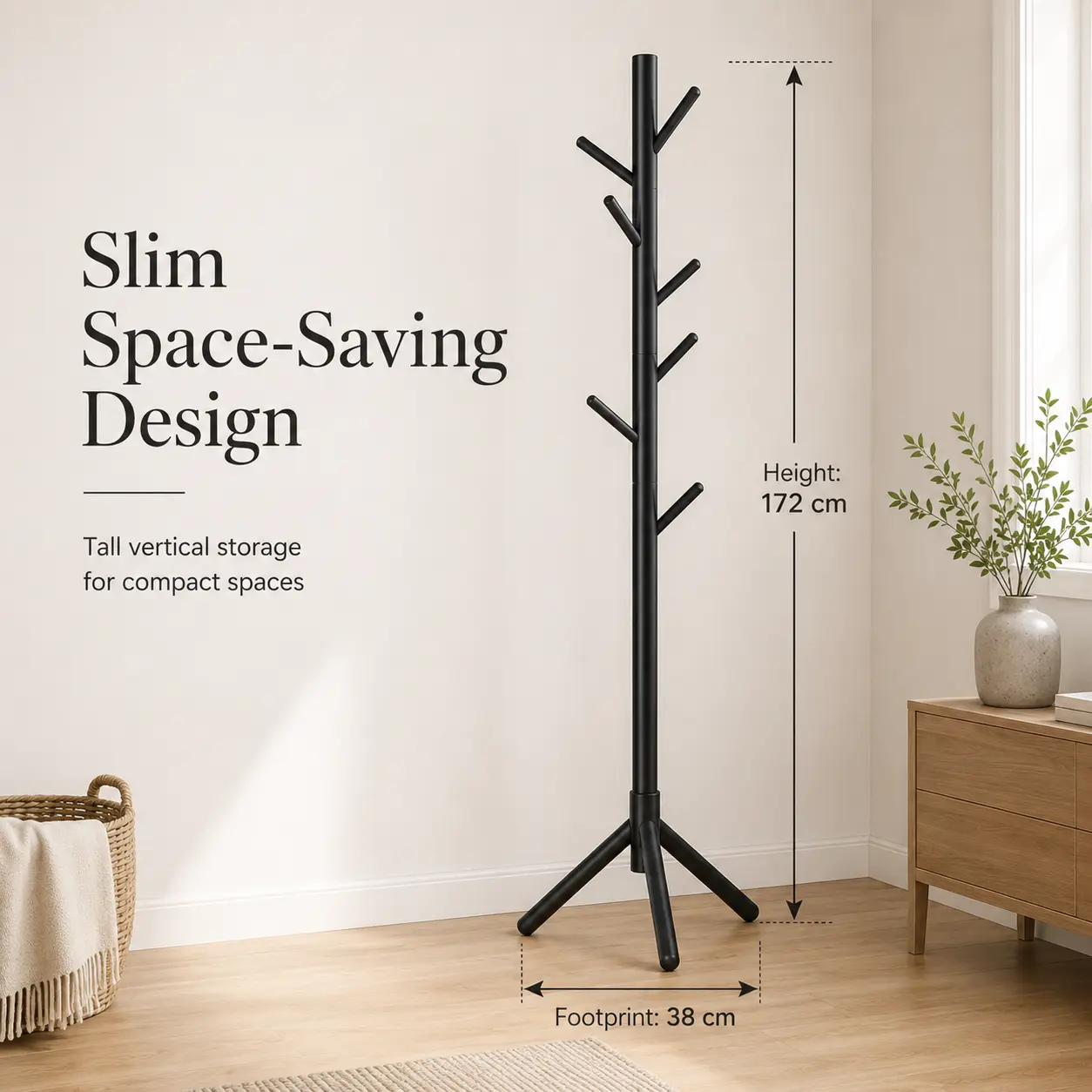 Freestanding Tree Coat Rack Stand - 8 Multi-Angle Hooks, 172cm Slim Space-Saving Organizer with Stable Tripod Base, Clothes Storage for Entryway, Apartment Decor Home Decor Items Small Room Organization Products (Natural Wood/Black/White)