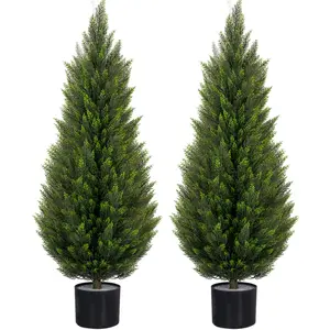 ROMSWI 4FT Tall Artificial Cedar Topiary Tree in Pot UV-Resistant, Commercial-Grade Wind-Proof Faux Pine for All-Season Porch & Entryway Decor 2Pack