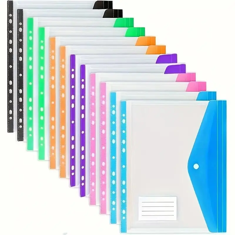 A4 Large Capacity Loose-leaf File Pocket Book Important Document Organizer Binder Folder with 11-hole Binder Rings, Contrast Binding Pocket, 12pcs/6pcs Expandable Button and Label Pocket, Suitable for School, Home, Office