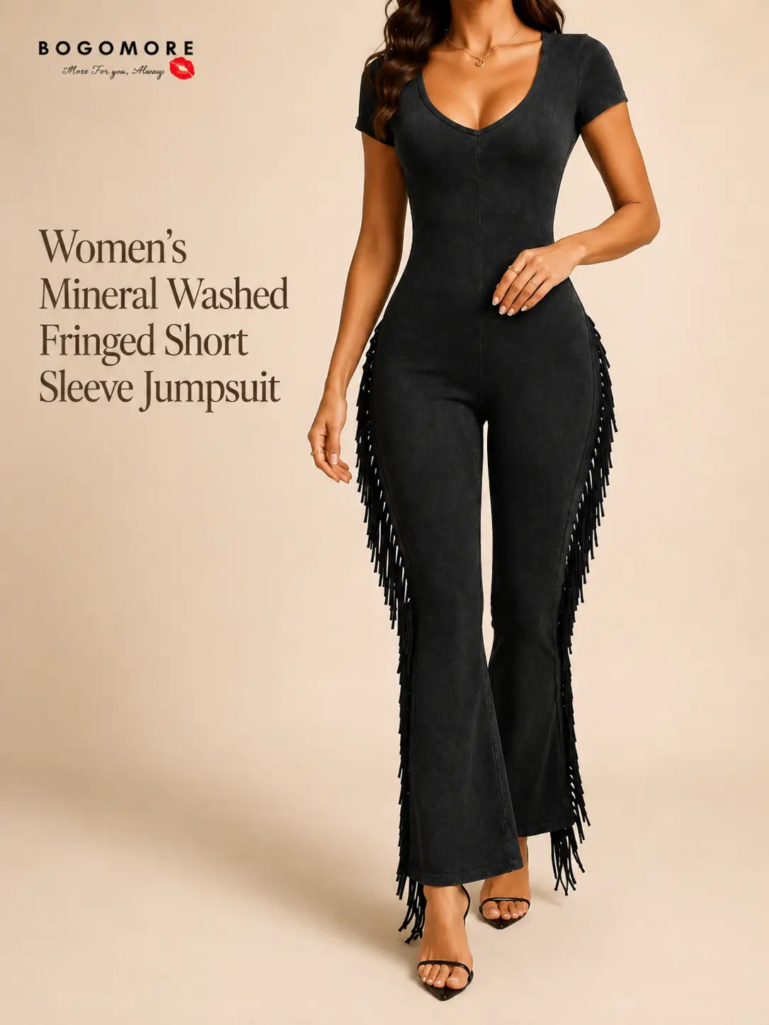 Short Sleeve Jumpsuit for Women - Mineral Washed Fringe Detail Jumpsuit, Fitted Overalls with Minimalist Design, Boho Casual Statement Outfit