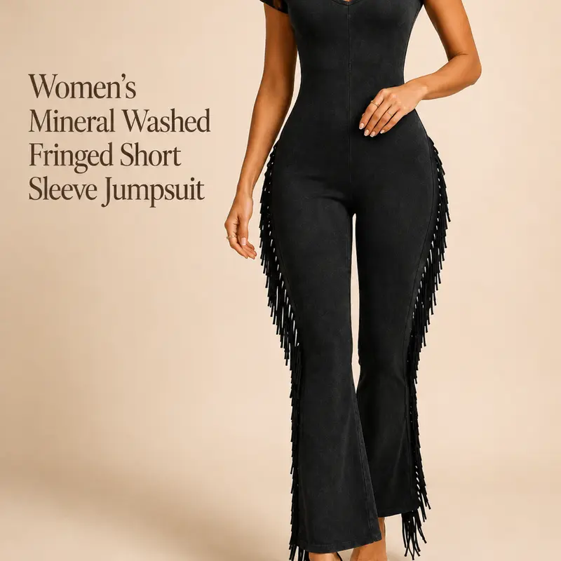 Short Sleeve Jumpsuit for Women - Mineral Washed Fringe Detail Jumpsuit, Fitted Overalls with Minimalist Design, Boho Casual Statement Outfit