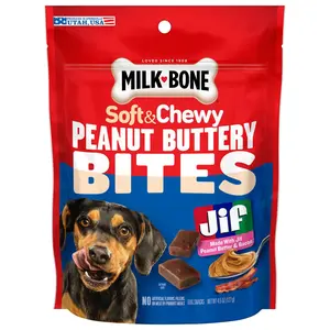 Milk Bone Peanut Buttery Bites, Soft Dog Treats With Jif Peanut Butter & Real Bacon, 4.5 oz Bags