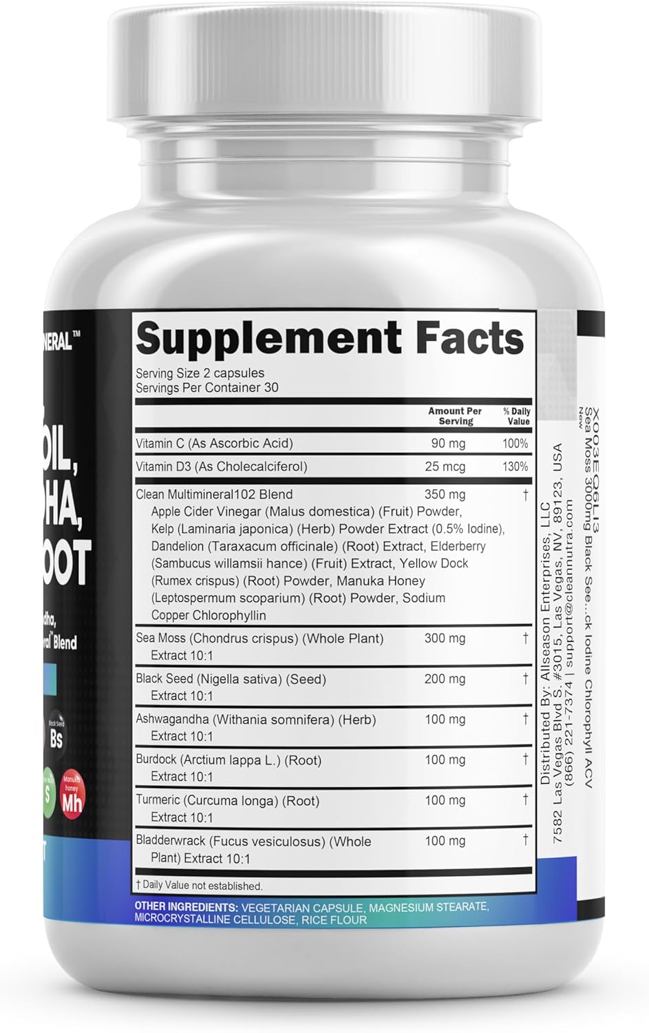 Clean Nutraceuticals Sea Moss, Black Seed Oil, Ashwagandha, Turmeric, Bladderwrack, Burdock, Vitamin C, Vitamin D3 with Elderberry Manuka Supplement Capsules – MultiMineral Clean Nutraceuticals Sea Moss, Black Seed Oil, Ashwagandha, Turmeric, Bladderwrack, Burdock, Vitamin C, Vitamin D3 with Elderberry Manuka Supplement Capsules – MultiMineral
