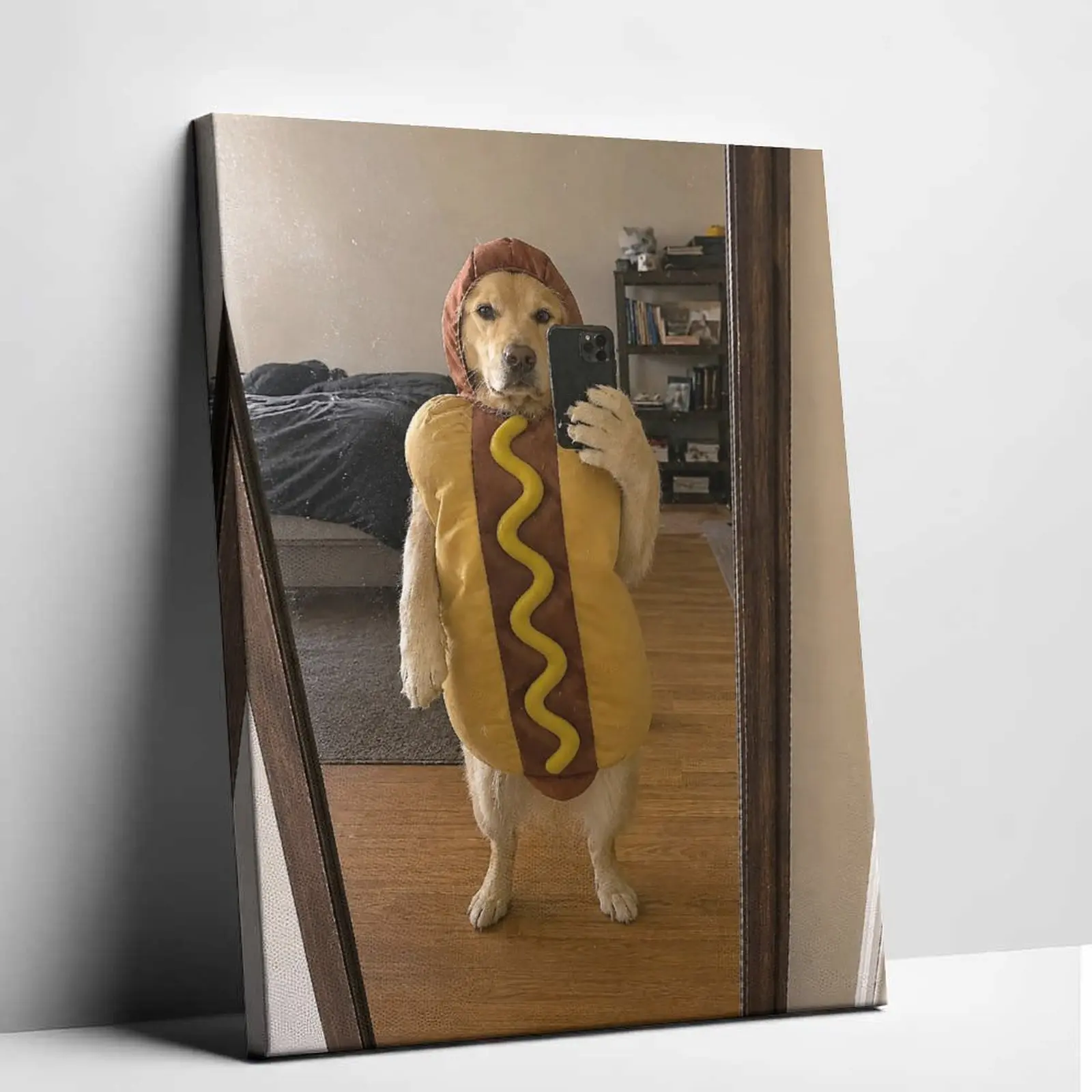 Humorous Hotdog Dog Mirror Selfie Canvas Painting Funny Cute Golden Retriever Poster Print Viral Internet Meme Canvas Wall Art Decor Cool Whimsical Pet Picture Artwork for College Dorm Apartment Decoration