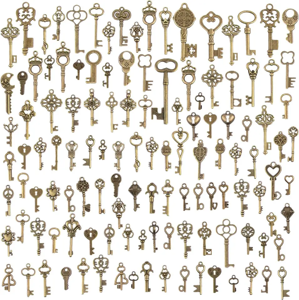 125Pcs Vintage Skeleton Keys Set, Steampunk Key Necklace, Antique Bronze Charms Pendants, DIY Handcrafts Jewelry Making, Costume Jewelry