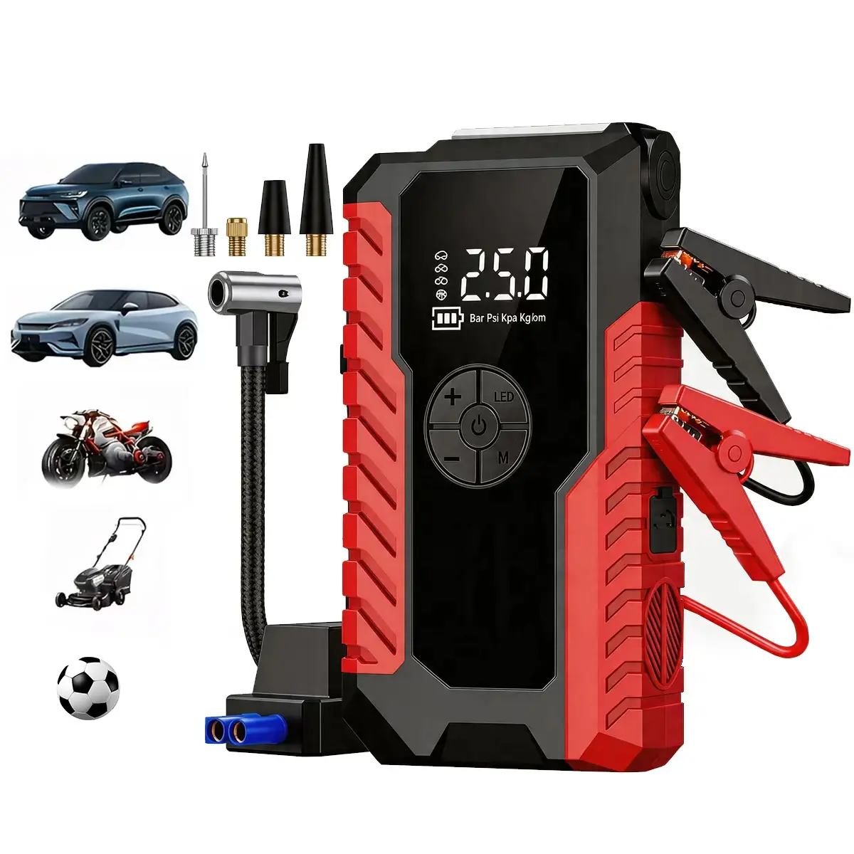 Portable 12V Car Jump Starter Power Supply with Tire Inflator, Smart Clamps, LED Emergency Lights, USB-Type-C Charging, 2000A Peak Current – Vehicle Accessories for Cars, Camping, SUVs, Trucks, Road Emergencies