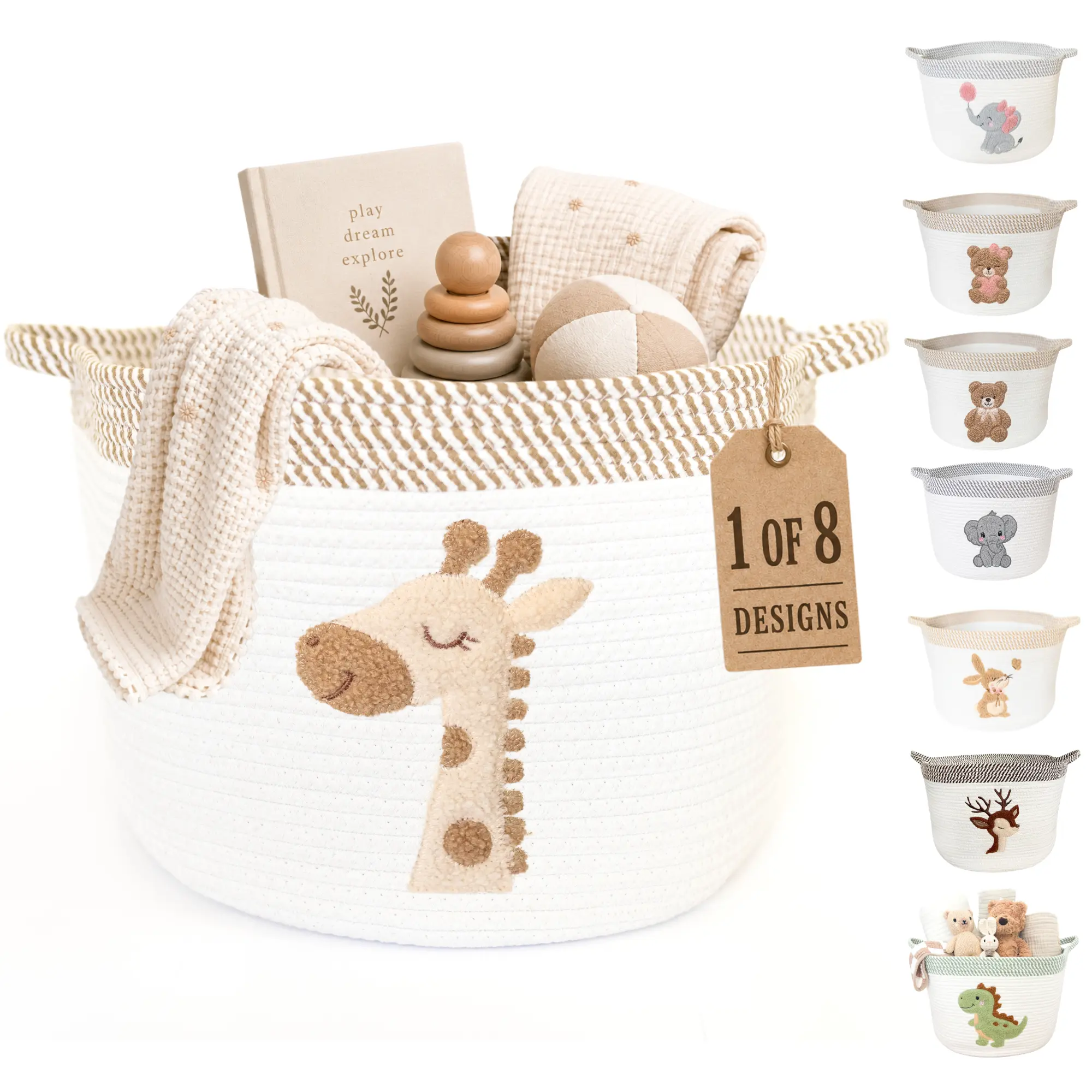 Animal Toy Storage Basket, 8 Styles, Large 15x11 Cotton Rope Bin with Handles, Toy Organizer Laundry Hamper for Baby Nursery, Elephant Teddy Bear Bunny Giraffe Deer Unicorn, Baby Shower Gift