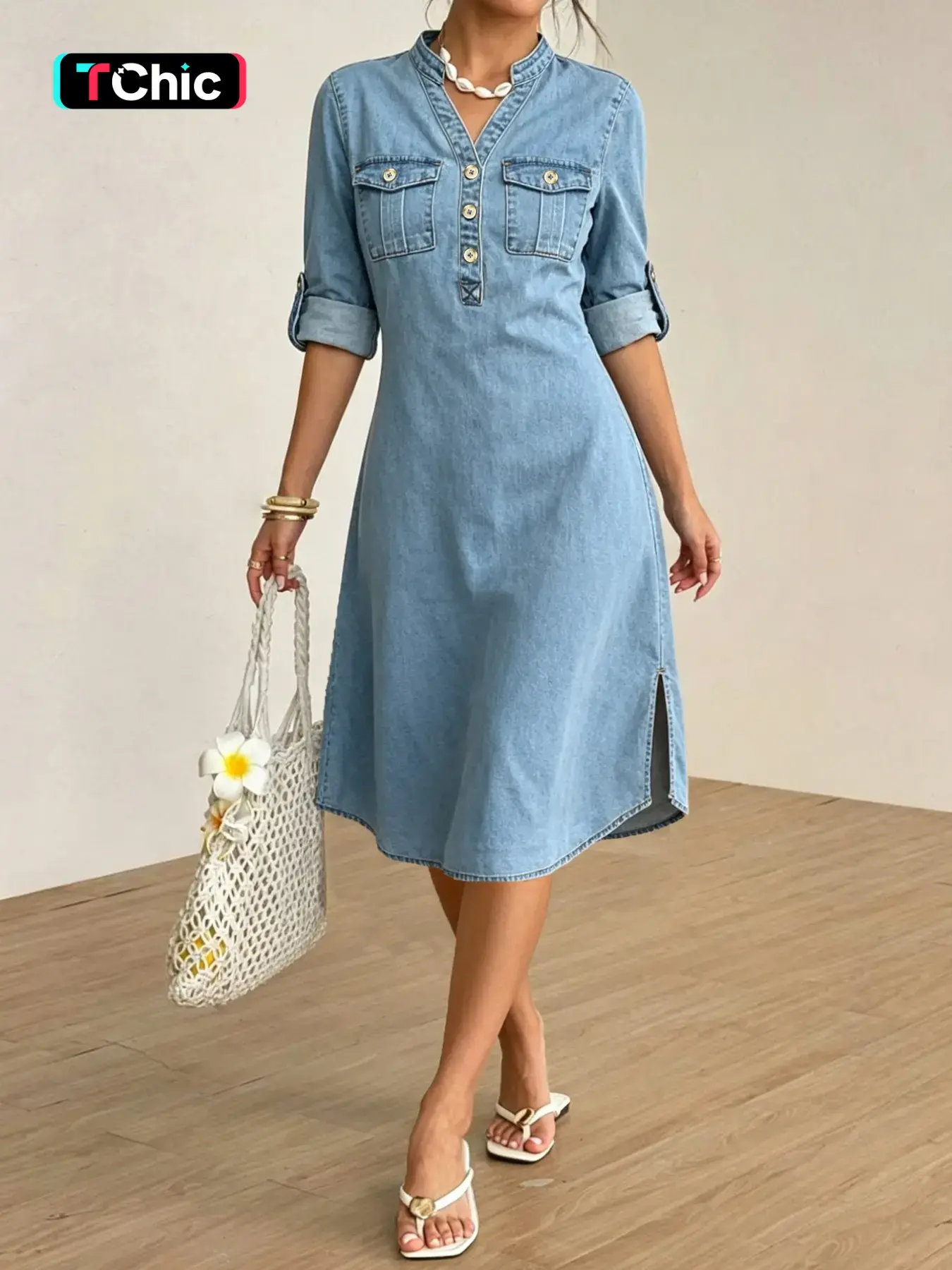 Women's Fashion Denim Dress, Chic Button Front Dress, Half Sleeve, Summer Wear, Stretchy Fabric, Loose-Fit, Perfect for Dates, Womenswear
