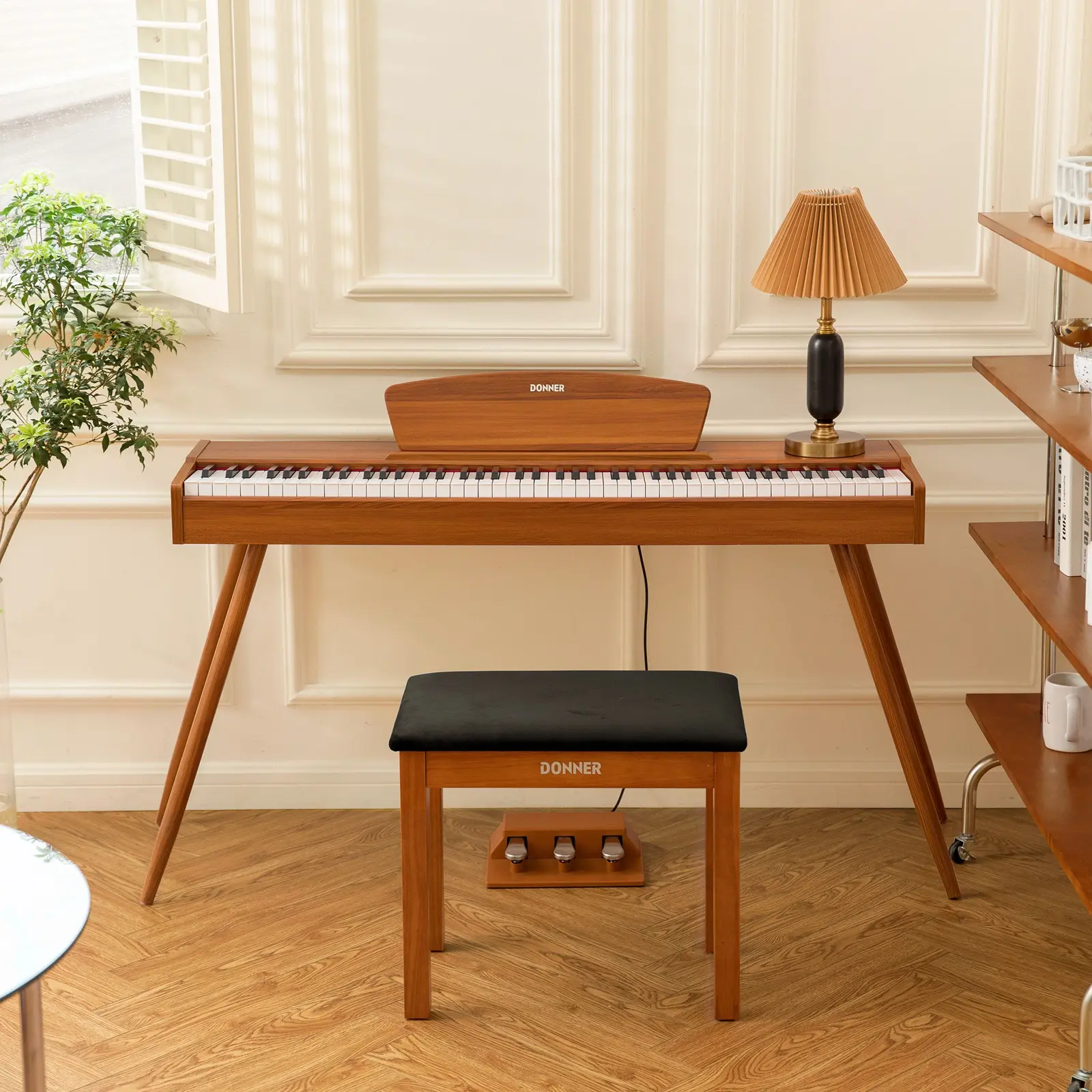 Donner DDP-80 88-Key Weighted Electronic Piano Keyboard - Wood Finish Contemporary Plain Digital Piano with App Connect, Stand, 3-Pedal Set, Silent Headphone Compatibility, iPad App Support for Guided Learning, AC Powered