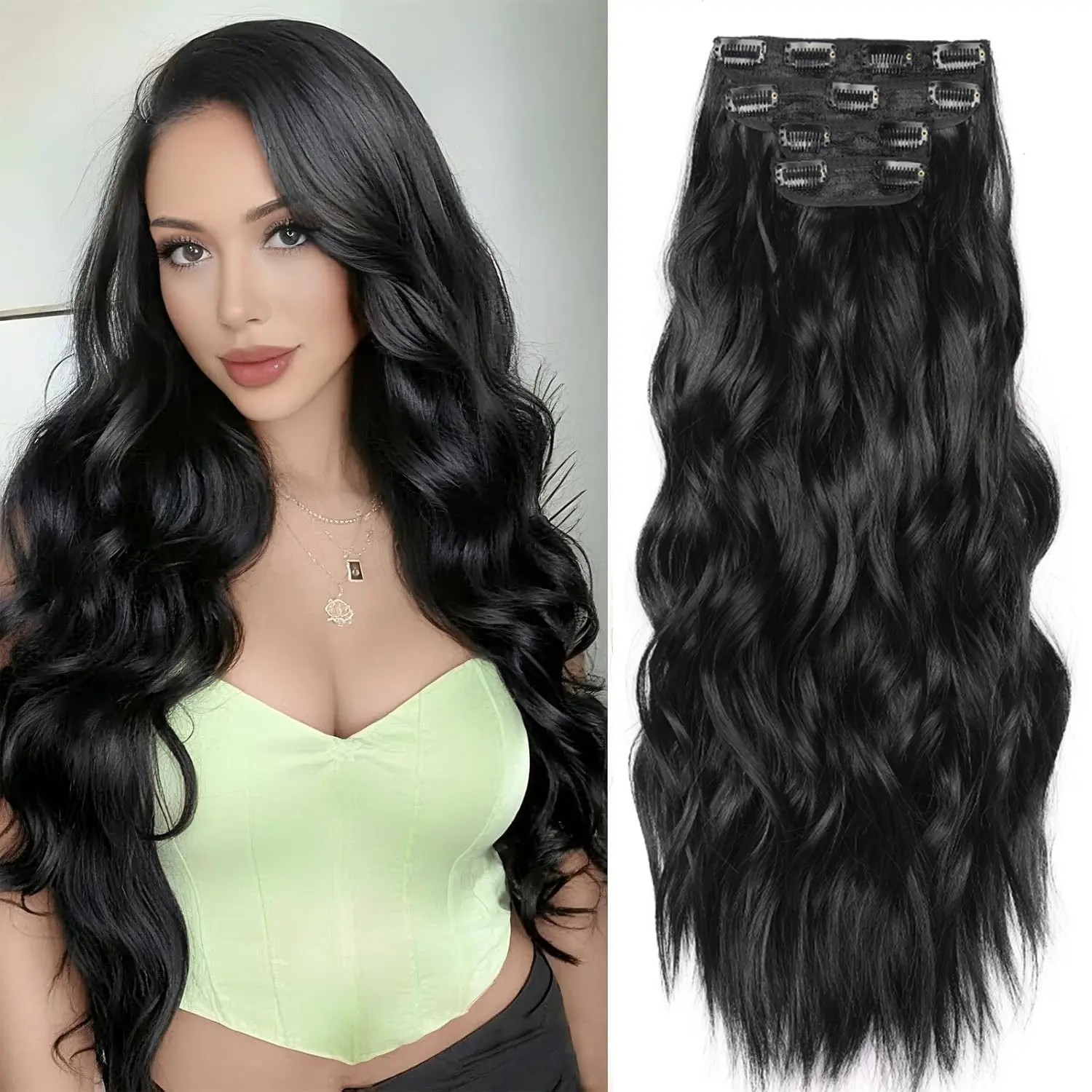 Clip in Synthetic Hair Extensions Long Wavy 4PCS Thick Hairpieces Black Fiber Double Weft Natural Hair Extensions 20 Inch for Women