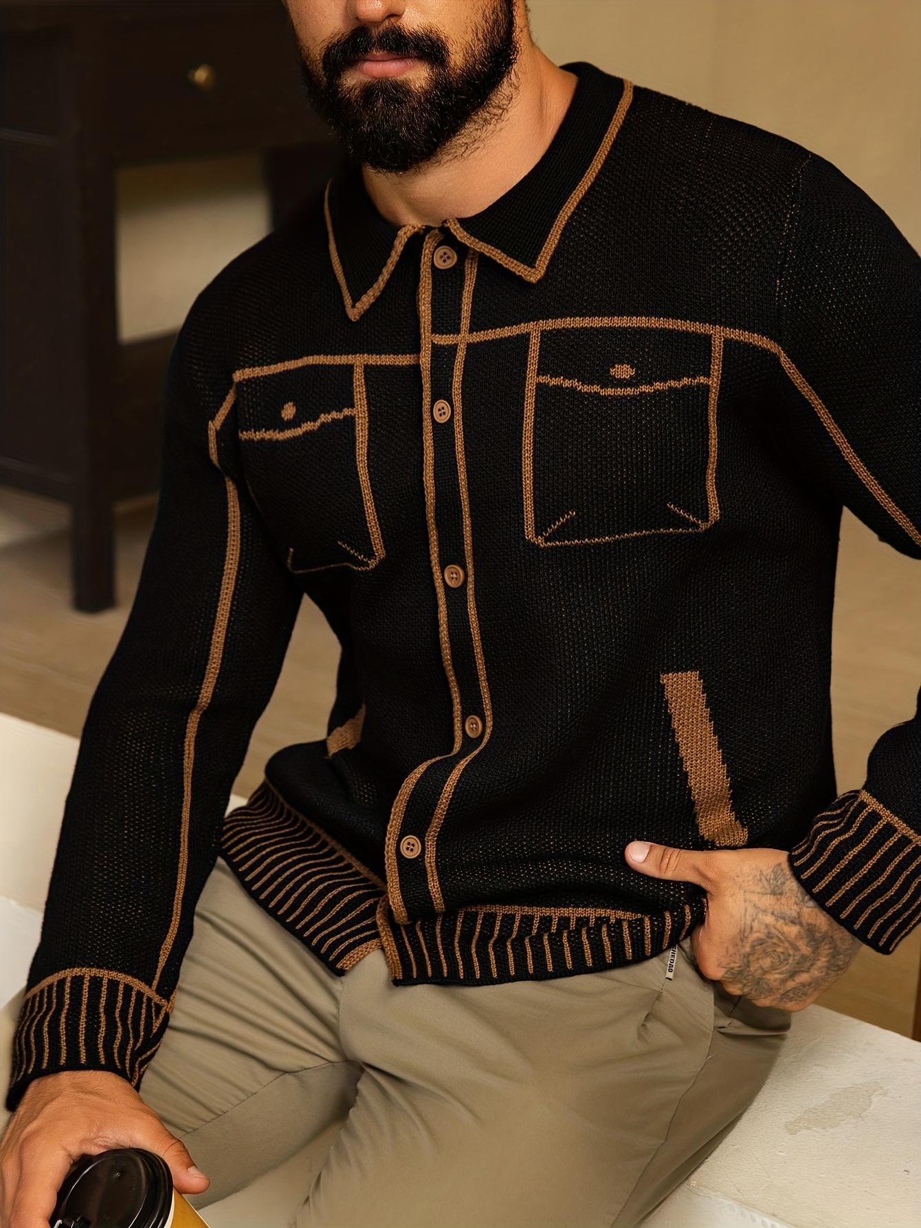 Trendy Men's Cardigan Classic Orange Stripe Jacket-Style Knitwear High Stretch Polyester Long Sleeve Casual Spring Fall Menswear - Fabric Trendy Men's Cardigan Classic Orange Stripe Jacket-Style Knitwear High Stretch Polyester Long Sleeve Casual Spring Fall Menswear - Fabric