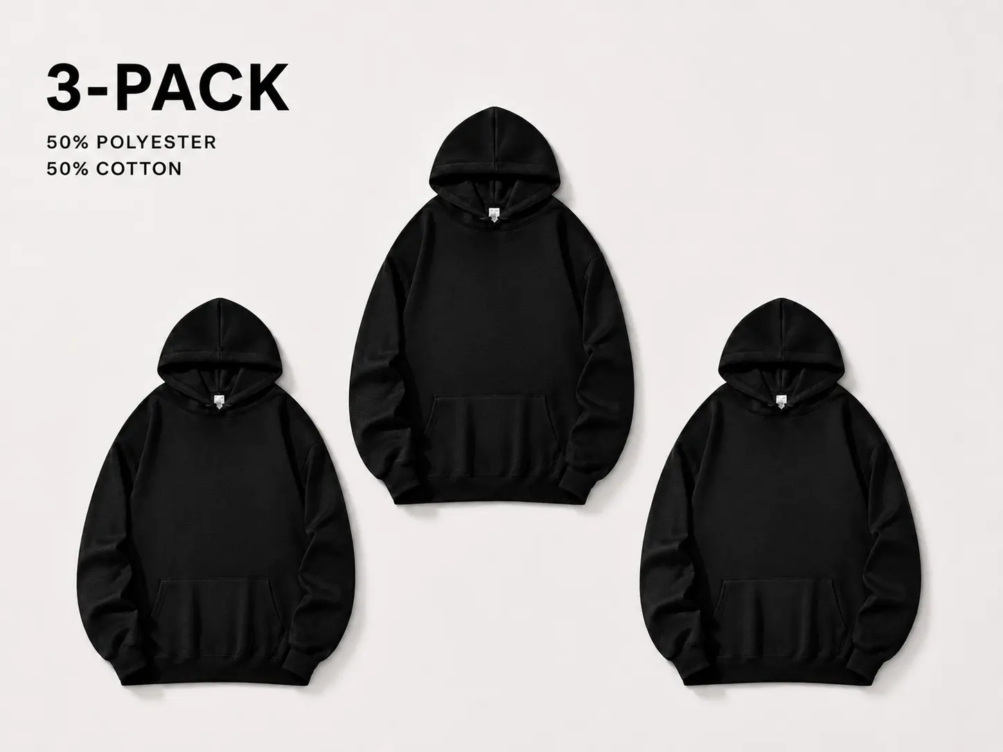Men's 270G 3-Pack Cotton-Polyester Blend Soft Ribbed Pullover Hoodie Tops Set, Multi-Color, Kangaroo Pocket, Drawstring Menswear Sweatshirt for Casual Wear, Fabric