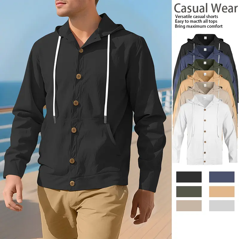 Men’s Plain Hoodie, Spring/Summer Loose Linen Casual Minimalist Beach Long-Sleeve Hooded Shirt, Tops, Menswear, Long Sleeves, Sweatshirts, Holiday,clothes for back to school,first day of school outfits