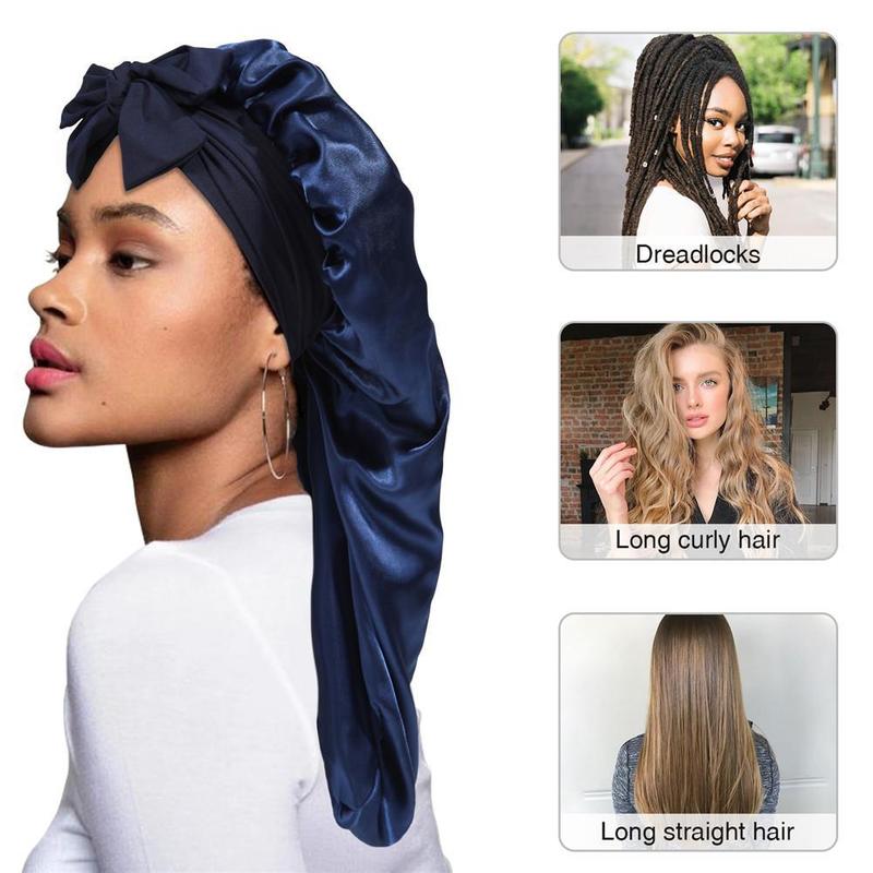 Solid Color Double-Layer Long Satin Bonnet Sleep Cap Adjustable Care Night Sleeping Cap for Women Braids Curly Hair Wrap with Tie Band for Daily Use