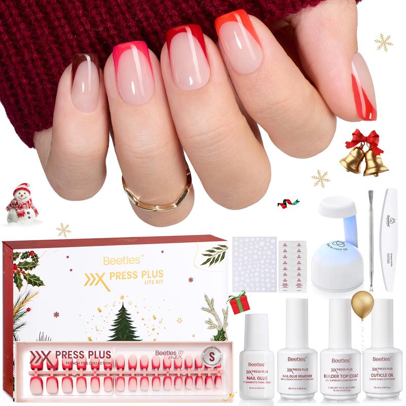Beetles Chrismas Limited X Press Plus Press On Nails Tips Set, French Tip Pink Brown Short Square Almond Shape Natural Acrylic Nail Tips for Effortless Beauty & DIY Manicures Fall Nail Halloween Nail Black Friday Winter Nail Christmas Gift