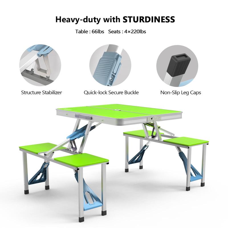 Ubesgoo 4Ft Portable Folding Picnic Table Camping Table Foldable Set with 4 Seats with Umbrella Hole Suitcase Card Table-220 Lbs Support Aluminum Frame, Plastic RV Tabletop for Yard, Travel
