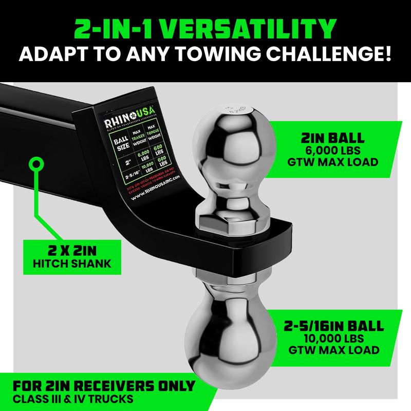 Rhino USA Dual Ball Hitch, Heavy Duty Reversible Tow Hitch Fit 2" Receiver, 2" & 2 5/16" Trailer (10,000 LB GTW) With Weatherproof Anti-Theft Lock Pin