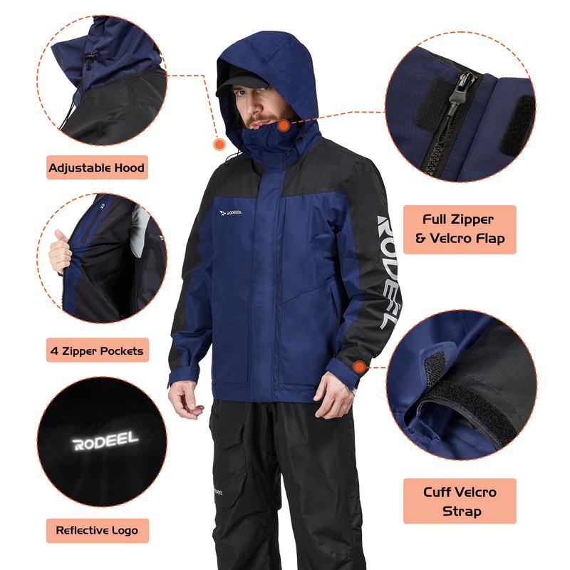 【RODEEL】704 Premium Waterproof Jacket w/ Foldable Hood Men Lightweight Breathable Hooded Rainwear Durable Rain Coat Weatherproof Windbreaker For Outdoor Camping Fishing Boating Construction Roofing Landscaping Gardening Workwear,  Holiday Gift