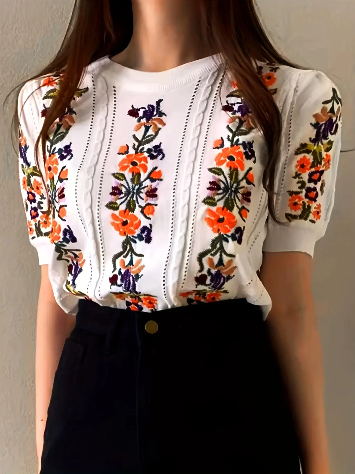 Elegant Embroidered Floral Knit Sweater, Vintage Bubble Hem Design Round Neck Short Sleeve Top, Summer Ice Silk T-Shirt