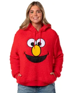 Sesame Street Women's Elmo Embroidered Patch Big Face Plush Fleece Long Sleeve Adult Costume Pullover Hoodie