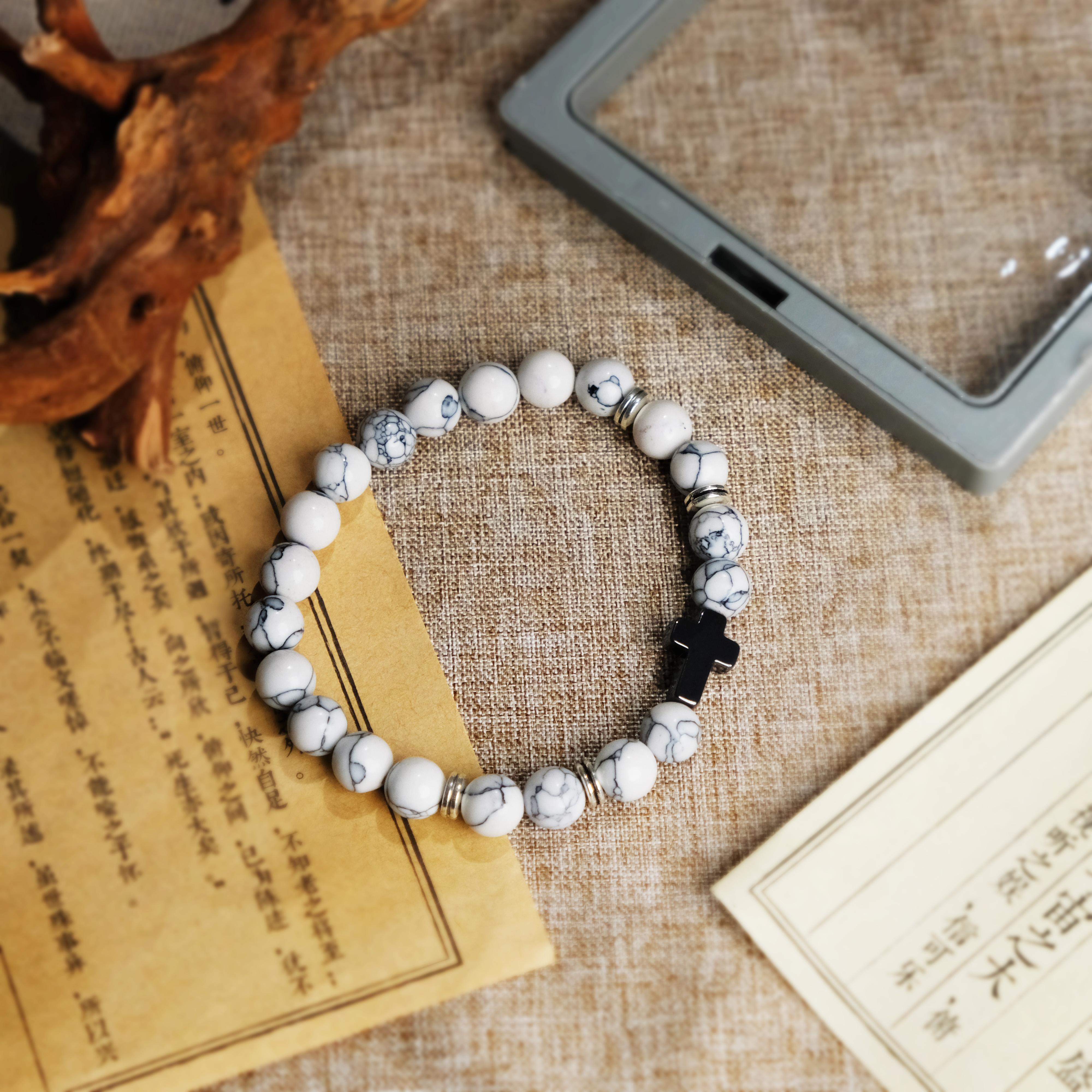 Cross Beads Bracelet for Men Women, 8MM Beaded Bracelets Couples Bracelets,Lava Rock Turquoise Tiger Eye Natural Bracelet Anxiety Stretch Elastic Healing Bracelet