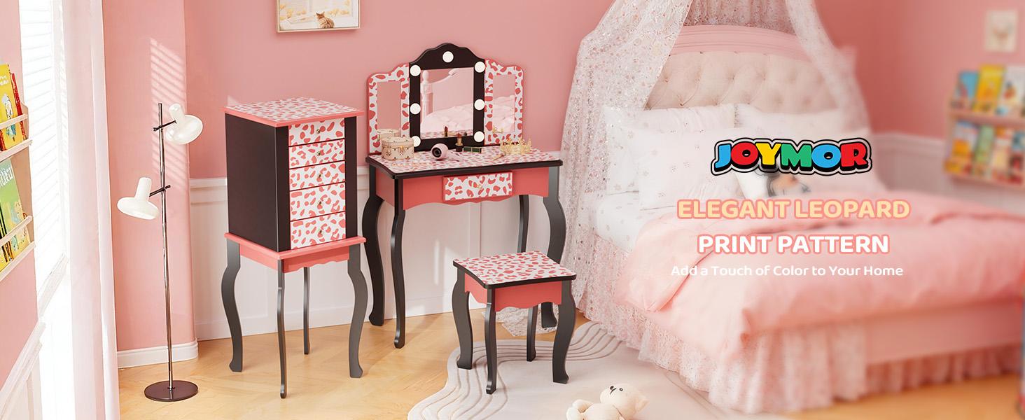 JOYMOR Kids Vanity Table and Chair Set, Girls Vanity with Leopard Print, Tri-Fold Mirror & Lights, Princess Makeup Desk for Girls, Pink