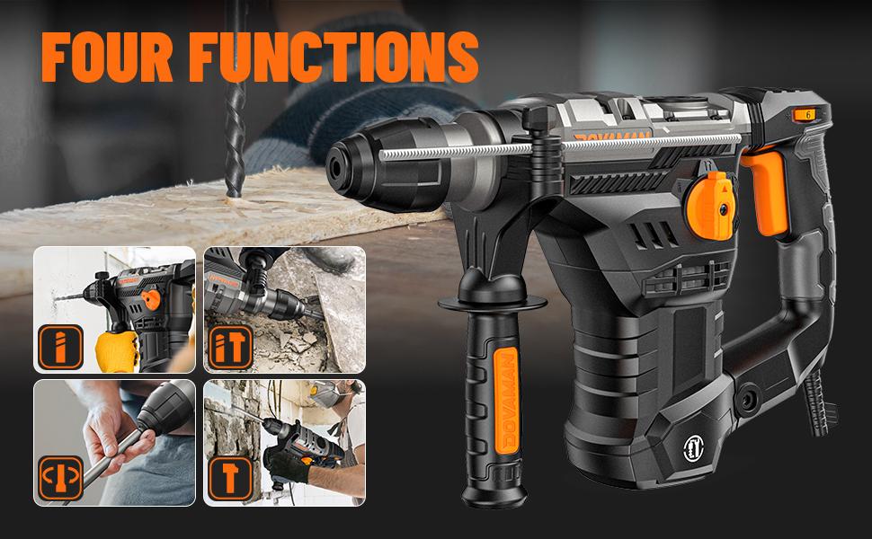 DOVAMAN RH15A 1-9/16'' SDS-Plus Rotary Hammer Drill, 4 Functions in One Knob, Safety Clutch, 6 Speeds, 4350BPM / 900RPM, Fit for Concrete, Wood, Steel