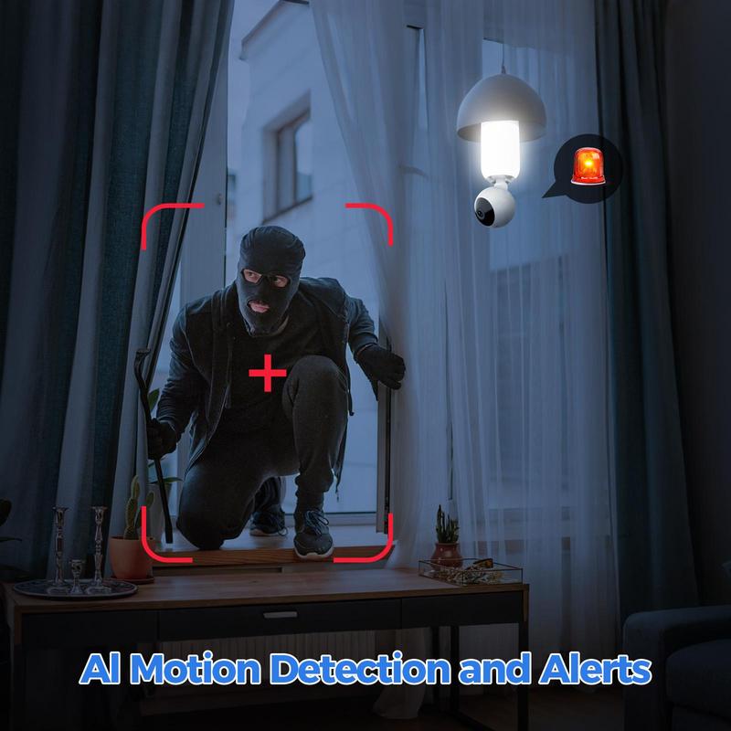 AlkiVision 2K Light Bulb Security Camera 5G&2.4GHz Dual Bands 360° Motion Detection Wireless Outdoor Night Vision AI Human Detection Auto Tracking Siren Alarm E27 Socket Plug
