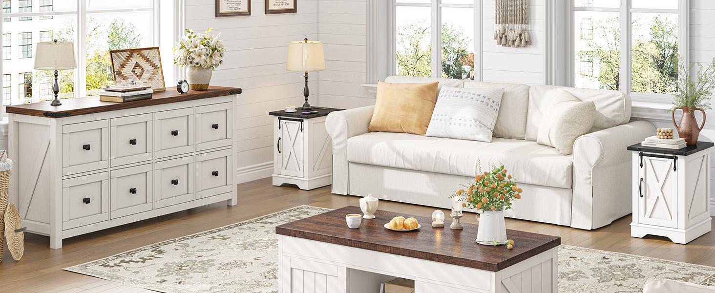 Nightstand with Charging Station,Farmhouse 25" End Tables with Barn Door Large Wood Sofa Side Table with Adjustable Storage Shelf for Bedroom,Drawing Room,Hallway,Antique White Nightstand with Charging Station,Farmhouse 25" End Tables with Barn Door Large Wood Sofa Side Table with Adjustable Storage Shelf for Bedroom,Drawing Room,Hallway,Antique White