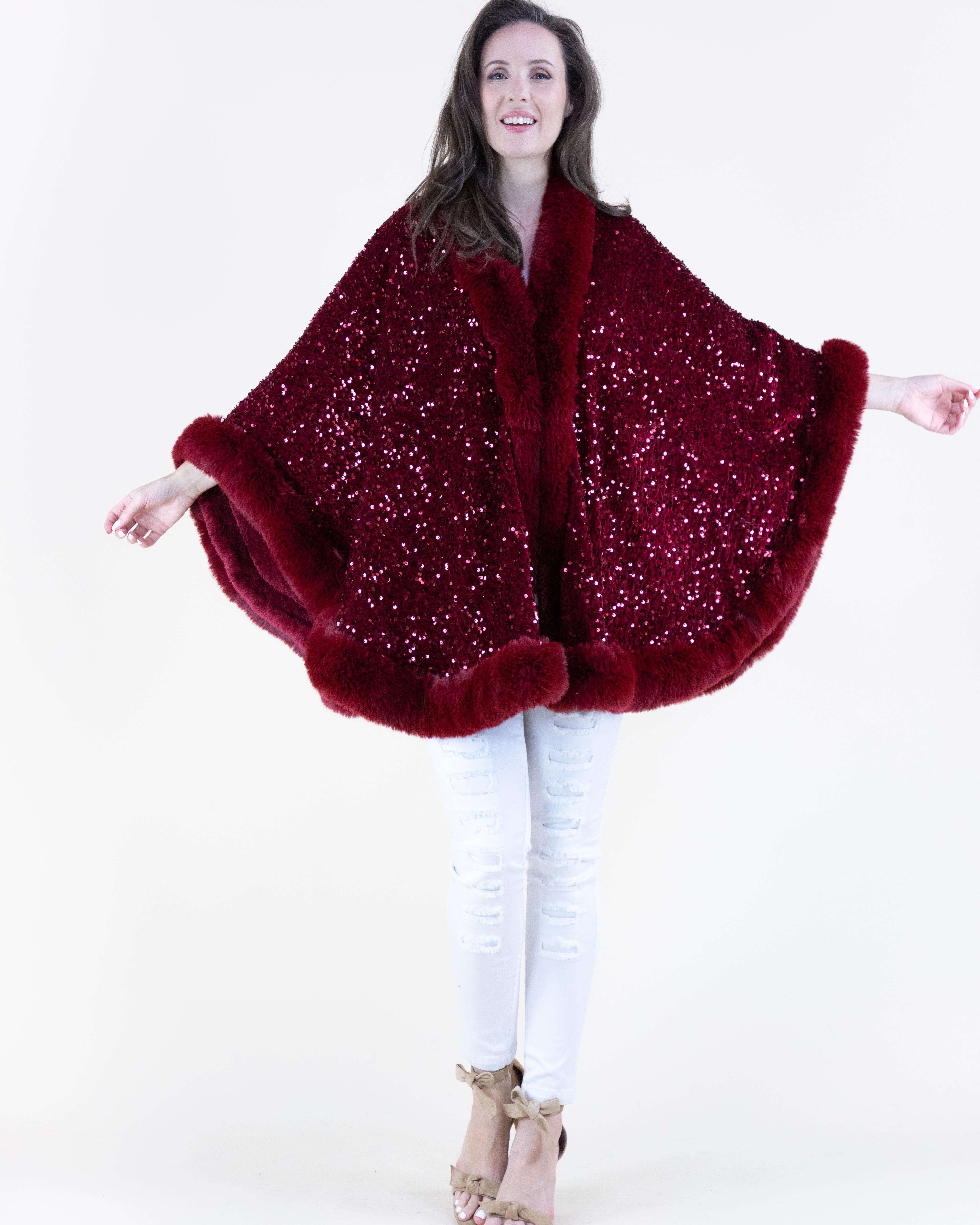 Women's Luxurious Sequin Faux Fur Trimmed Evening Cape Poncho - Elegant Outerwear for Special Occasions