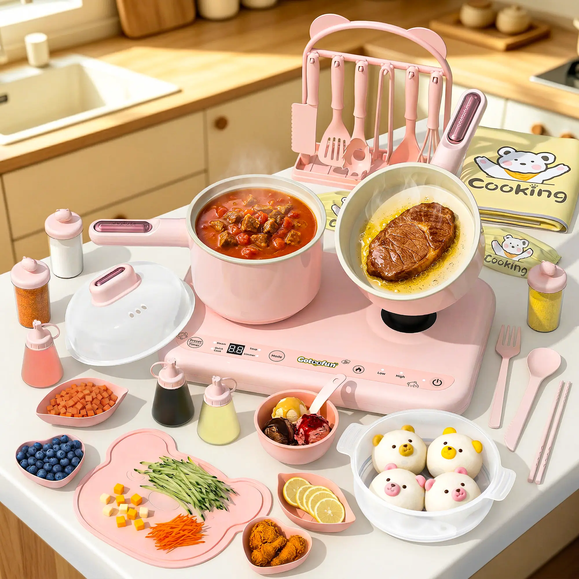 Gotoofun Dual Stoves Kids Real Mini Montessori Kitchen Set - Safe Pretend Play Toys with Dishware & Knife, Montessori Kitchen Tools Gift for 5–12 Yrs Kids