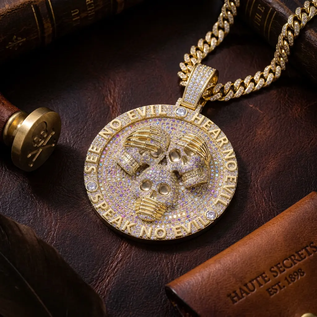 Iced Out Hip Hop Necklace for Men, Moissanite Copper Devil Ghost Skull Pendant with Full Diamond Disc and 4mm Rope Chain, Streetwear Gift, Bling Pendant, Hip Hop Jewellery, Male