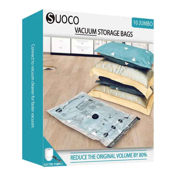 SUOCO Reusable Rectangular Plastic Vacuum Bags for Travel & Home Storage, 10-Jumbo Multi-Size Space Saver Set with Cordless USB-Rechargeable Handheld Electric Pump for Clothing, Blankets, Comforters, Pillows, Organiser
