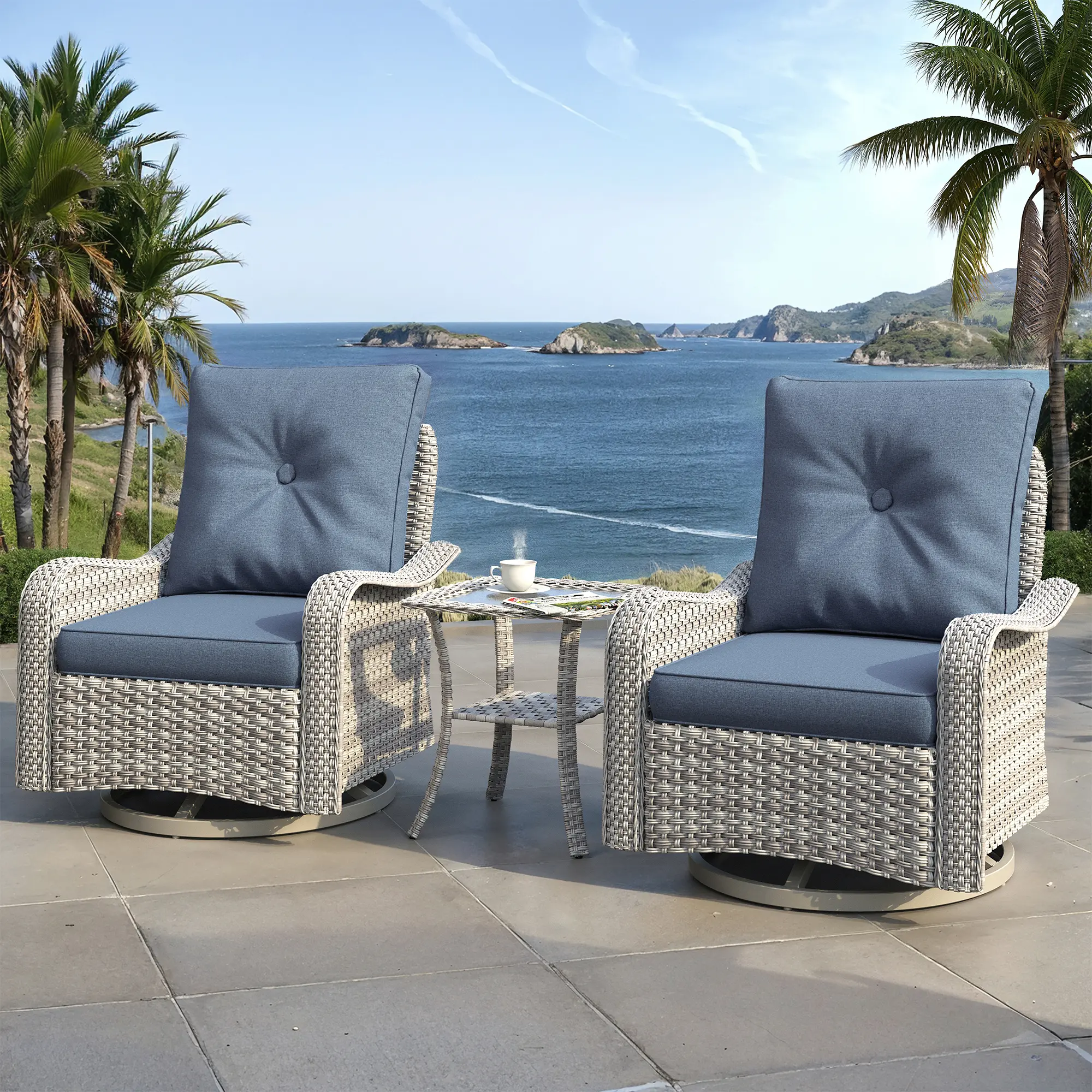 [Deals For You Days] Modern Outdoor Rattan Furniture Set - 3-Piece High-Back Rocking Chairs with 4" Cushions, Fade-Resistant Side Table, All-Weather PE Rattan for Backyard, Garden, Outdoor Furniture Set,home decor,camping essentials