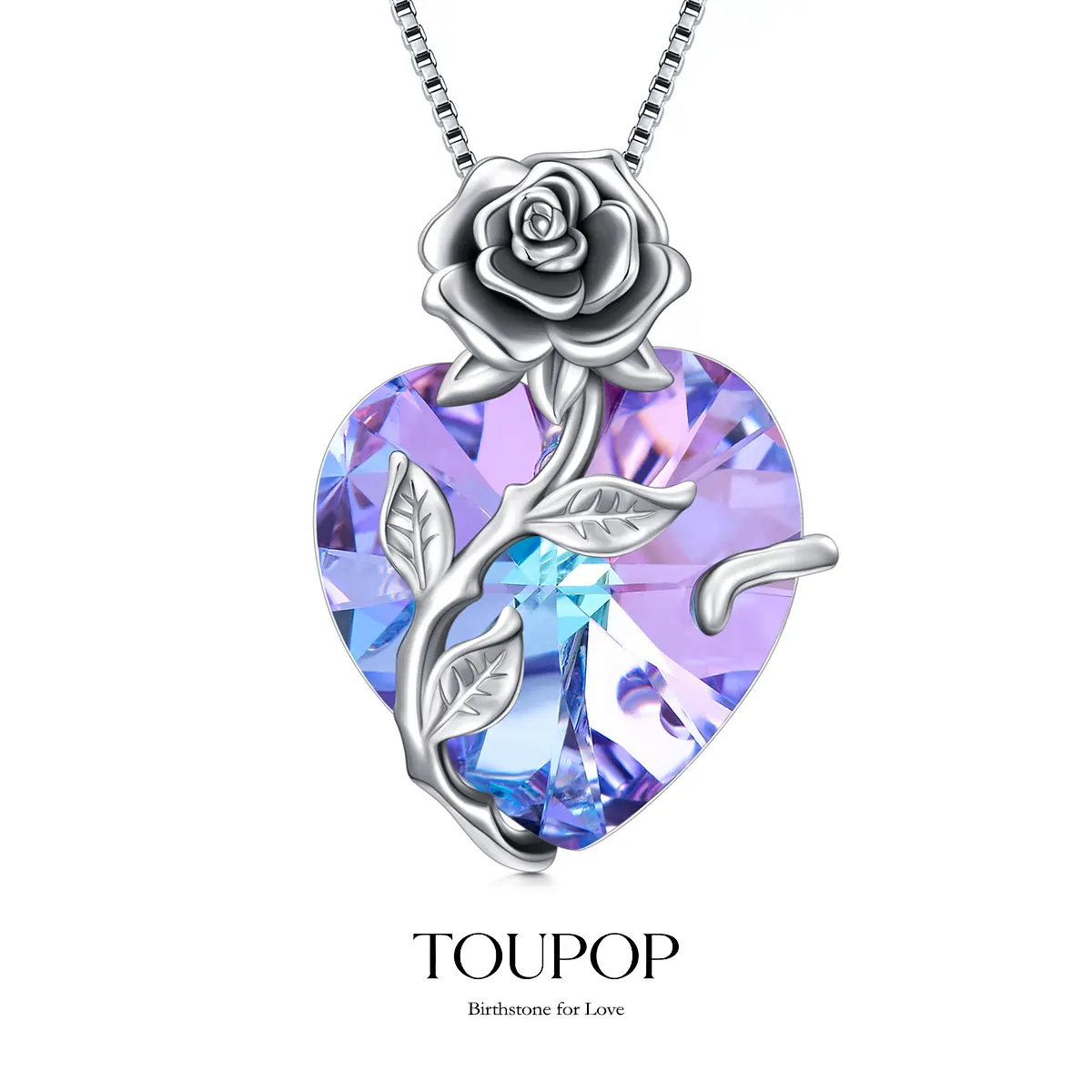 TOUPOP s925 Sterling Silver Rose Flower Heart Necklace, Fine Jewelry with Created Austrian Crystal, Valentine's Day Anniversary Gift for Women