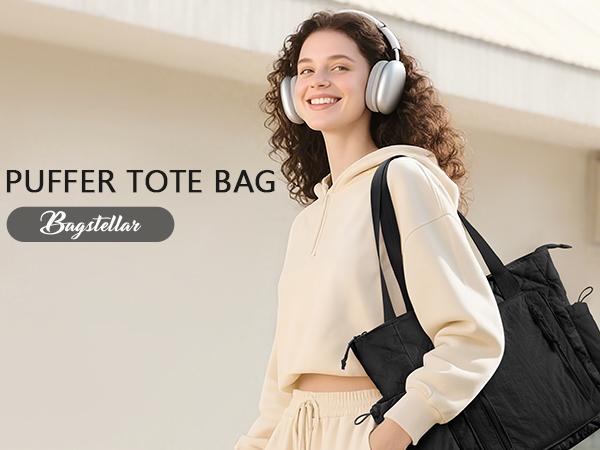 Bagstellar Puffer Tote Bag for Women, Lightweight Large Work Tote Laptop Bag, Travel Tote Bag with Zipper Gifts for Women Teacher Nurse Quilted Shoulder Bag for School Gym