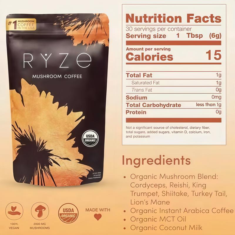 RYZE SUPERFOODS Mushroom Medium Roast Coffee USDA Organic with 6 Adaptogenic Mushrooms, USA Grown Instant Coffee for Better Energy, Focus Digestion Immunity with Lions Mane & Turkey Tail 30 Servings
