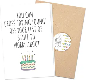 You Can Cross Dying Young Card, Funny Birthday Cards for Men & Women - Themed Greeting Card with Cartoon Design & Envelope - Worry-Free Message for Seniors & Adults