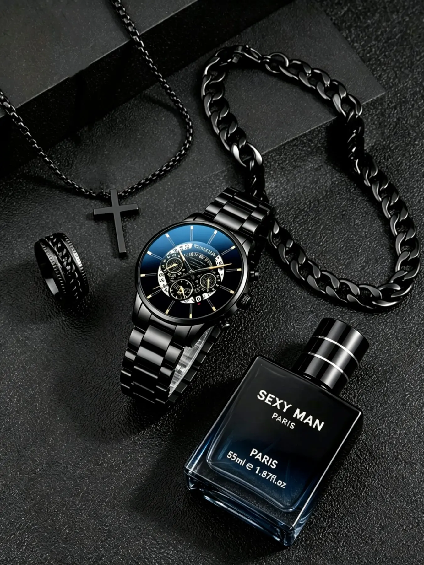 Men's Fashion Jewelry Watch Set with Perfume, Bracelet, Necklace and Ring, Hollow Calendar Quartz Analog Watch, Elegant Gentleman Accessories, Casual Trendy Wristwatch