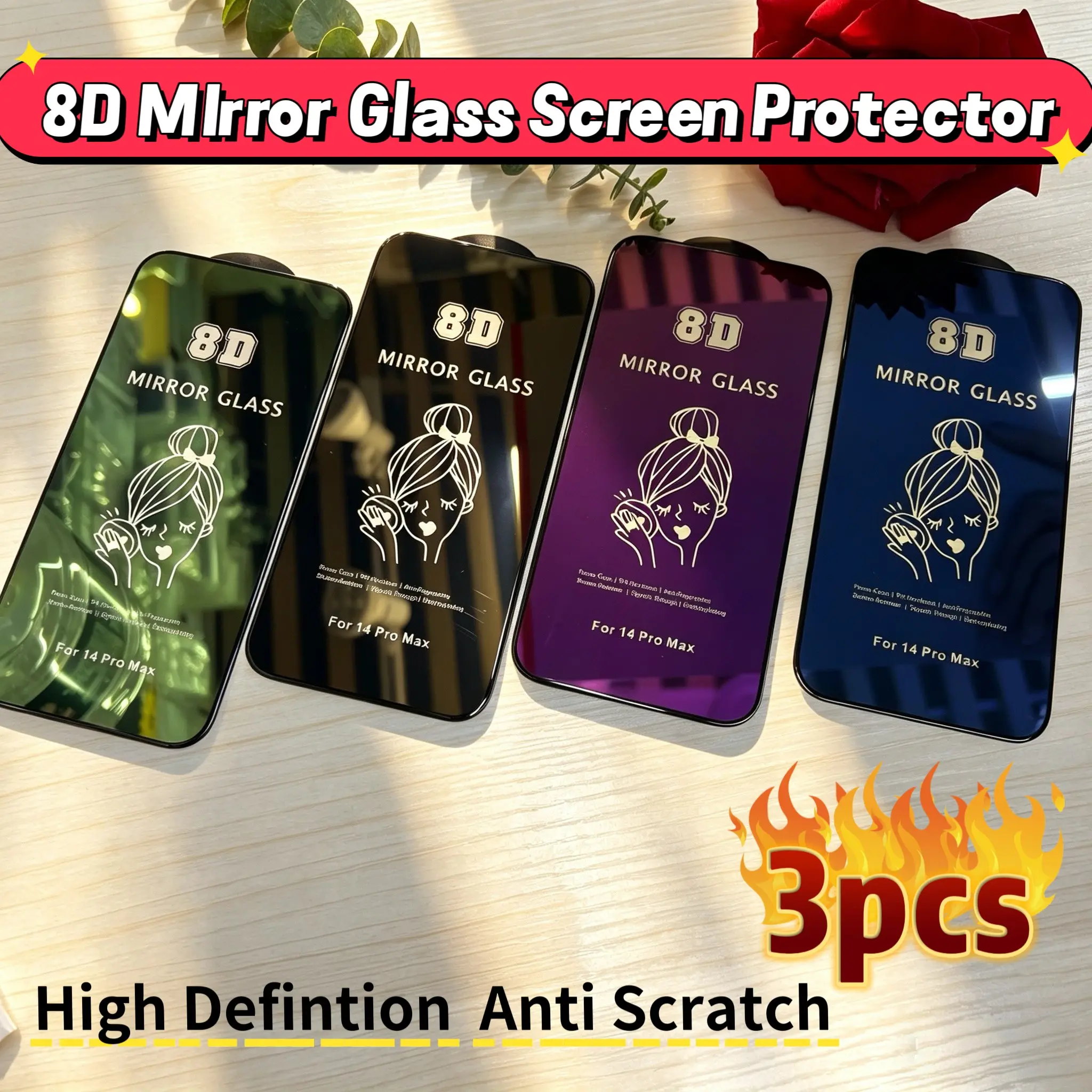 3pcs High-Definition Mirror Glass Protective Film for iPhone Series, 9h Hardness Tempered Glass Full Screen Mirror Film, Fashion Design, Easy Makeup Check Protector, Smartphone Accessories