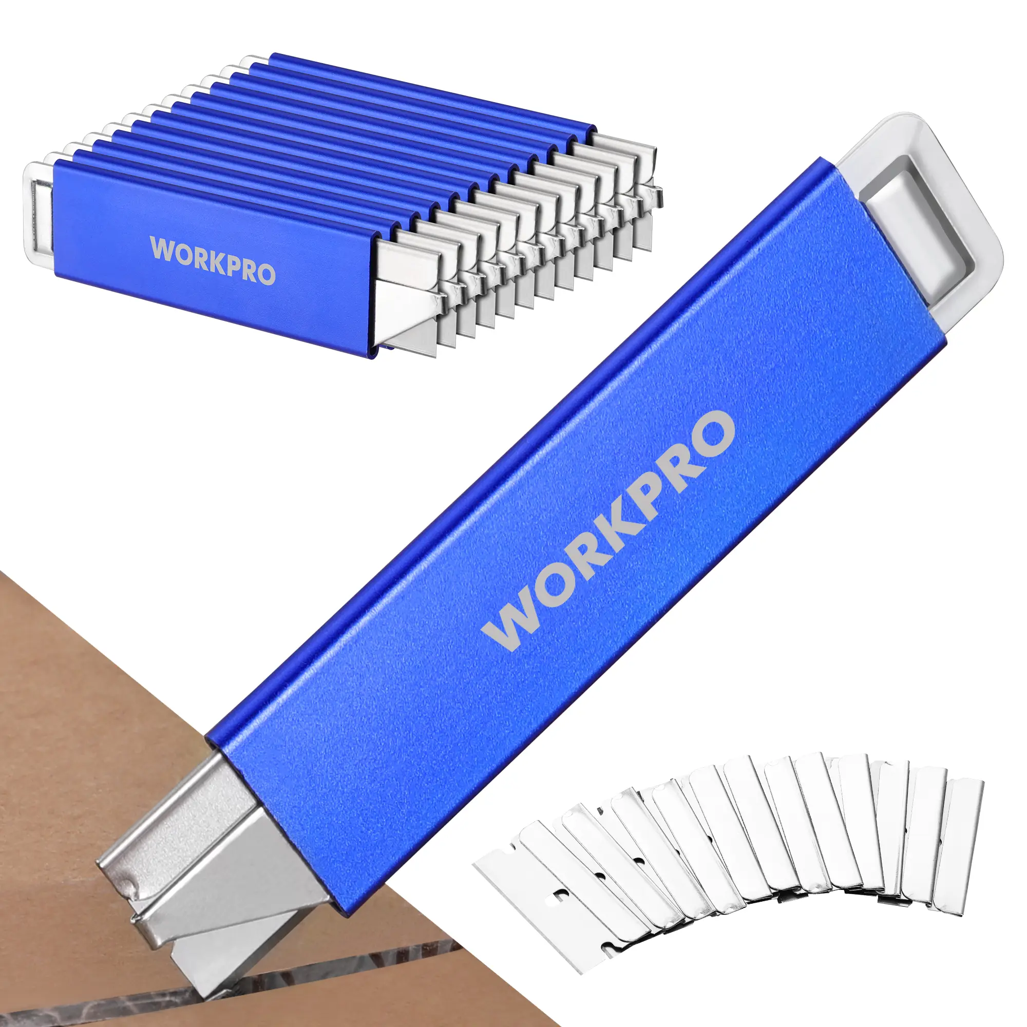 WORKPRO 12-Pack Retractable Box Cutters - Single Edge Stainless Steel Blades, Razor Sharpness, Box Opening Tool, Cardboard Cutter with Metal Sheathes + 12-Pack Extra Replacement Blades (inches Compatible)