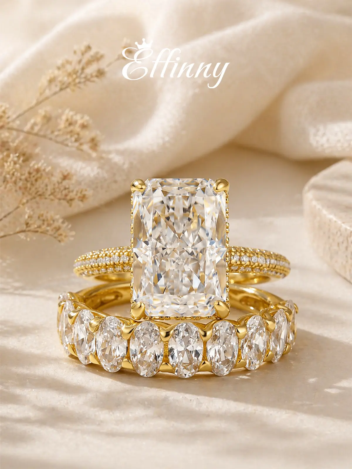 Effinny 14K Gold Plated 6.0ct Elongated Fade-Resistant Radiant Cut Wedding Ring Set, 5A CZ Fashion Affordable Travel Jewelry for Women