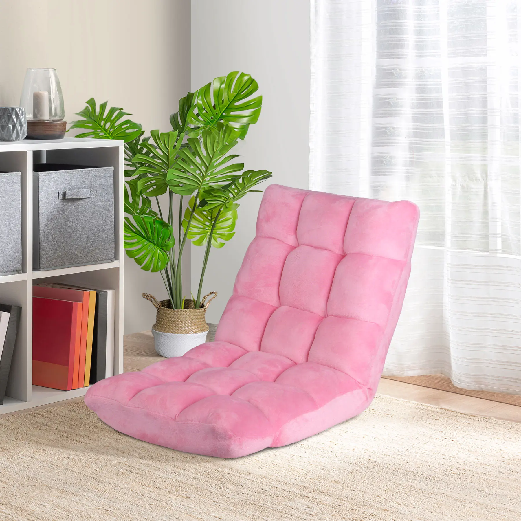 Zeny 14-Position Adjustable Padded Folding Floor Chair - Soft Fabric Recliner, Adult Gaming Sofa, Adjustable Folding Lounger, Pink Indoor Chair, Folding Lounge Chair