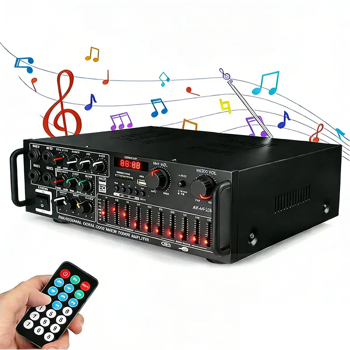 Compact 400W DC 12V Car Bluetooth 5.0 HiFi Stereo Power Amplifier - 5-Band EQ Mixer, Remote Control, Remote Adjust Fast, 4 Mic Inputs, Echo, FM, USB, SD, AUX, AUX for TV and Computer, Karaoke System, Fits Tight Home Audio Setups, for Car & Home Use, Sound