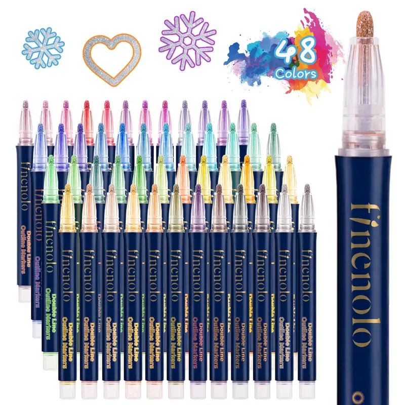 FINENOLO Outline Shimmer Ink Markers & Glitter Metallic Gel Pens Color Kit (24 Colors Markers, 36/48 Count) - 11.50x5.71x0.79in, 7.72x5.51x1.34in, Metallic Outlines, Easter Gifts, Ages 4+, School Art Crafts Supplies, Creative Play Boosters